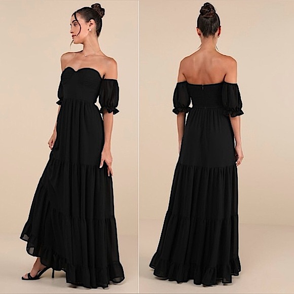 Lulus Exceptionally Gorgeous Chiffon Off-Shoulder Maxi Dress, Black, Size XL,NWT - Picture 1 of 15